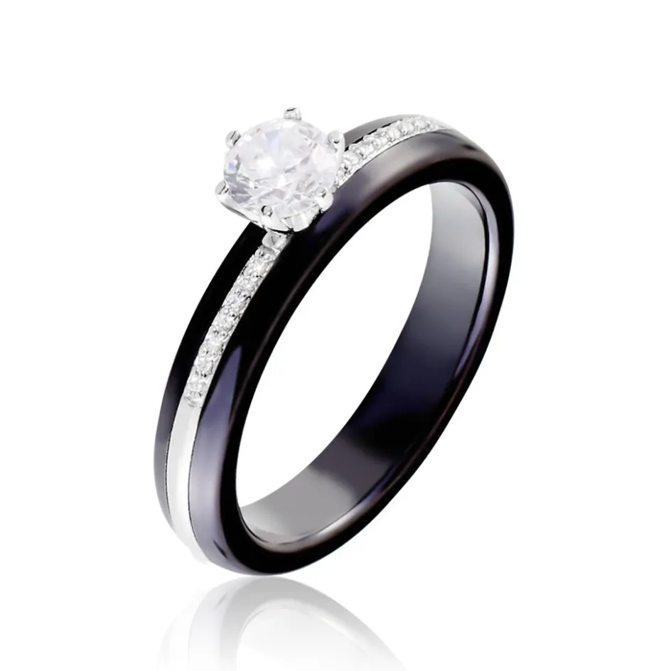 Discount Histoire d'Or Bague Solitaire Ceramik Design Argent Oxyde De Zirconium Et Céramique