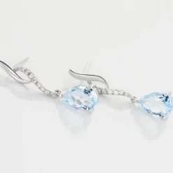 New Histoire d'Or Boucles D'oreilles Pendantes Assaf Or Blanc Topaze Et Oxyde or blanc topaze bleue