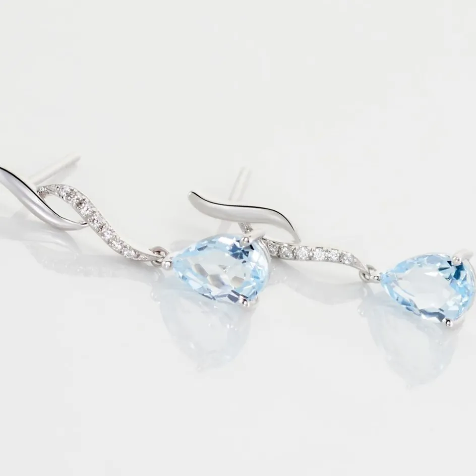 New Histoire d'Or Boucles D'oreilles Pendantes Assaf Or Blanc Topaze Et Oxyde or blanc topaze bleue