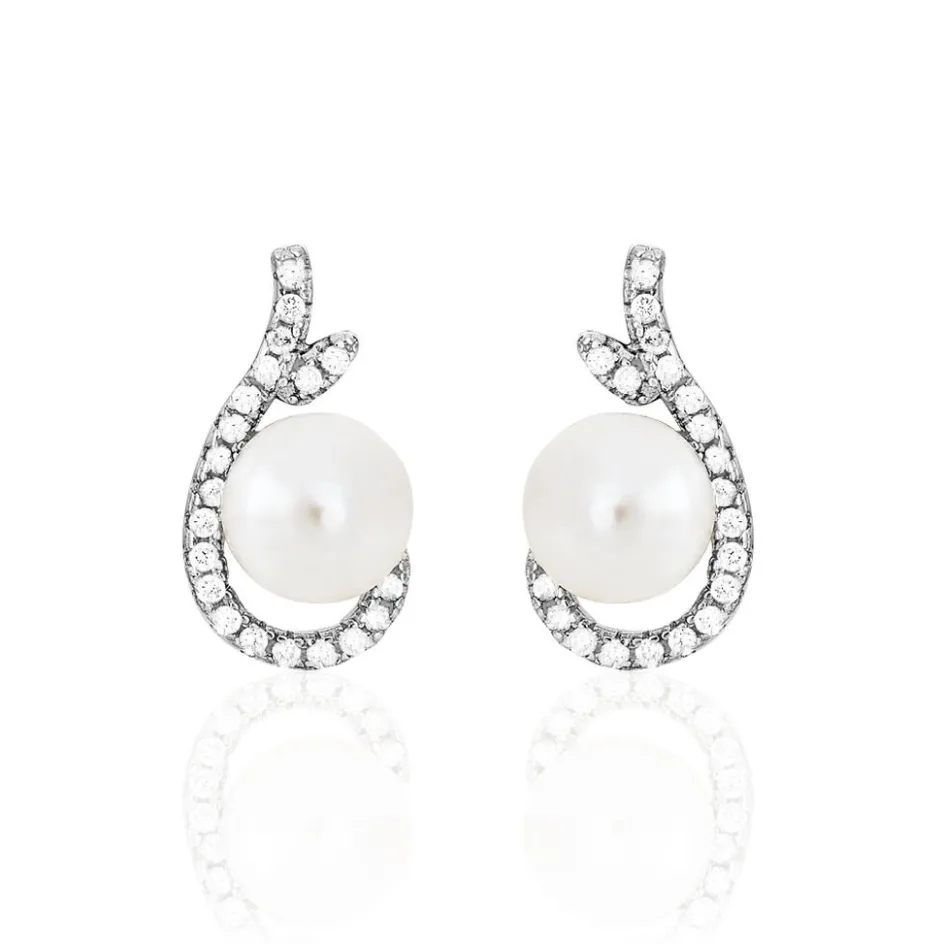 Sale Histoire d'Or Boucles D'oreilles Puces Cyrana Argent Blanc Perle De Culture Et Oxyde
