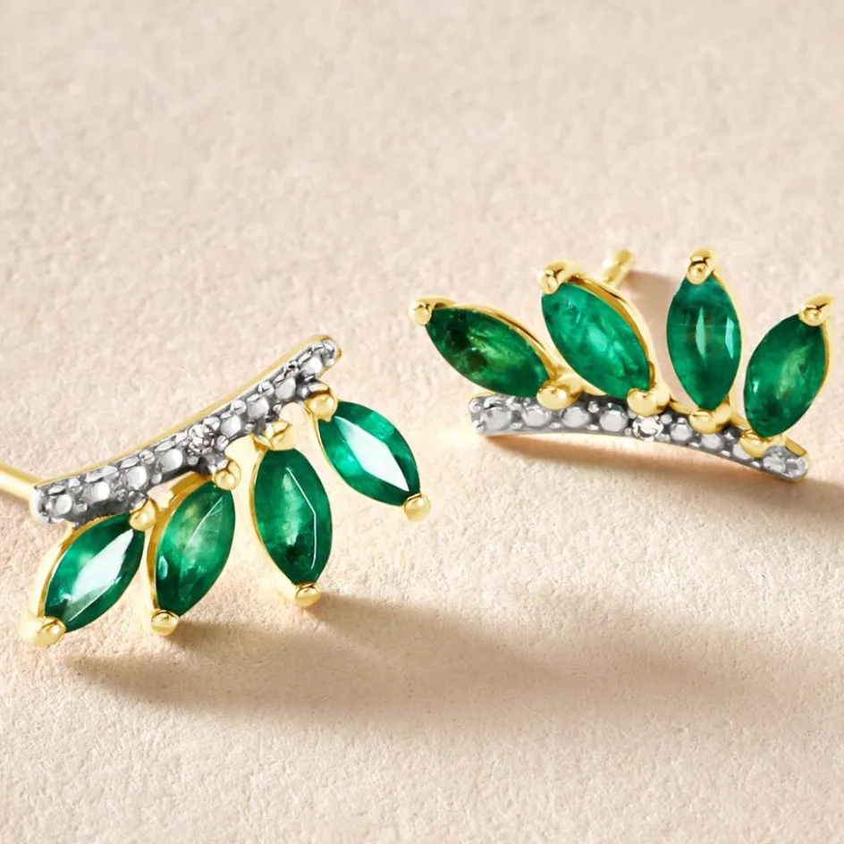 Histoire d'Or Boucles D'oreilles Puces Navette Or Jaune Emeraude Diamant* Boucles D'Oreilles|Clous D'Oreilles