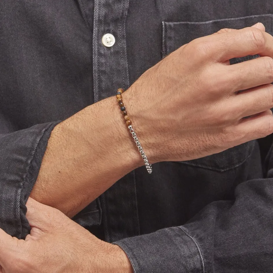 Sale Histoire d'Or Bracelet Acier Blanc Christiano 艙il De Tigre Onyx