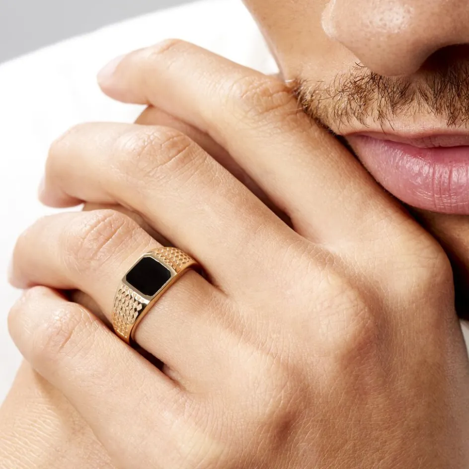 Online Histoire d'Or Chevalière Plaqué Or Jaune Ariston Email Noir