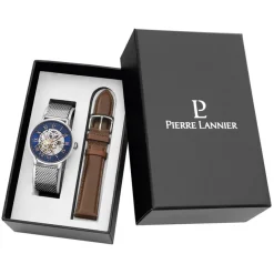 Sale PIERRE LANNIER Coffret De Montre Automatique Bleu cadran argenté fond bleu bracelet acier