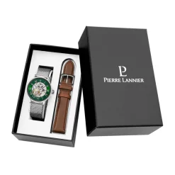 PIERRE LANNIER Coffret De Montre Automatique 42 Vert cadran argenté fond vert bracelet acier argenté