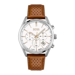 Online HUGO BOSS Montre Boss Champion Blanc cadran argenté fond blanc bracelet cuir marron