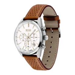 Online HUGO BOSS Montre Boss Champion Blanc cadran argenté fond blanc bracelet cuir marron