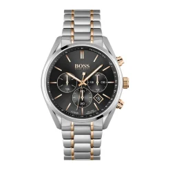 Best HUGO BOSS Montre Boss Champion Noir cadran argenté fond noir bracelet acier bicolore