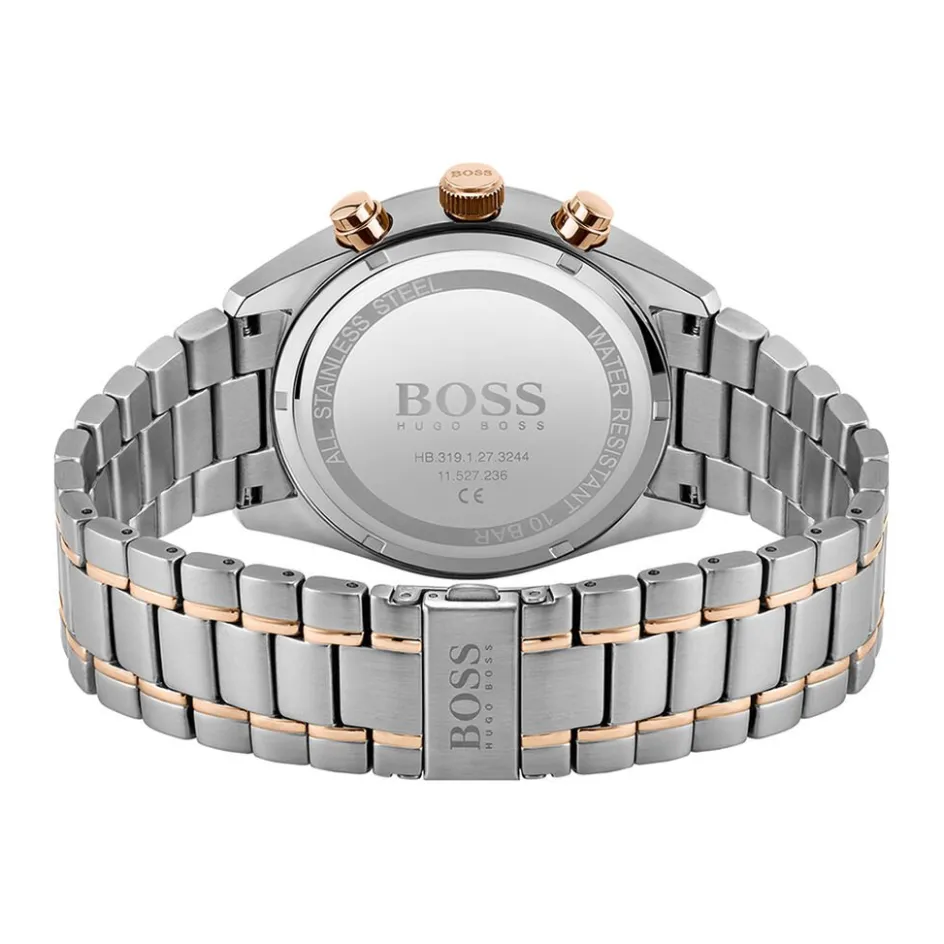 Best HUGO BOSS Montre Boss Champion Noir cadran argenté fond noir bracelet acier bicolore