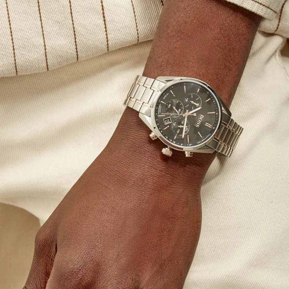 Best HUGO BOSS Montre Boss Champion Noir cadran argenté fond noir bracelet acier bicolore