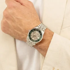 Hot HUGO BOSS Montre Boss Principle Skeleton Vert cadran argenté fond vert bracelet acier argenté