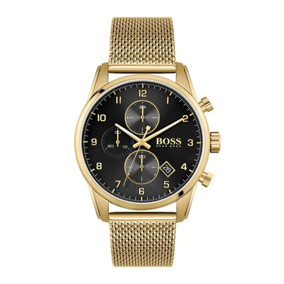 Best HUGO BOSS Montre Boss Skymaster Noir cadran doré fond noir bracelet acier doré