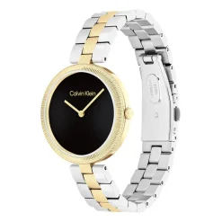 New CALVIN KLEIN Montre Gleam Noir cadran doré fond noir bracelet acier bicolore