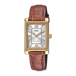 CASIO COLLECTION Montre Argente cadran dore fond argenté bracelet cuir marron