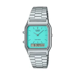 Online CASIO COLLECTION Montre Vintage Turquoise cadran argenté fond turquoise bracelet acier argenté