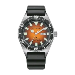 New CITIZEN Montre Promaster Marine Auto Orange cadran argenté fond orange bracelet caoutchouc noir