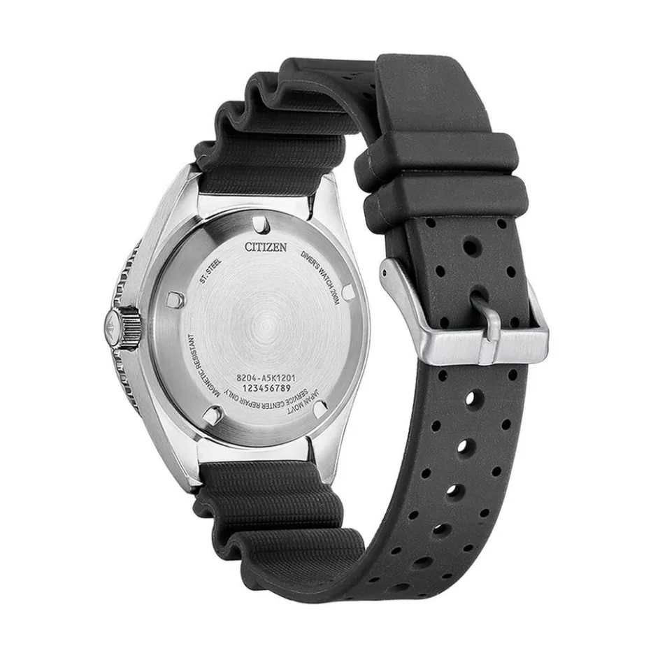 New CITIZEN Montre Promaster Marine Auto Orange cadran argenté fond orange bracelet caoutchouc noir