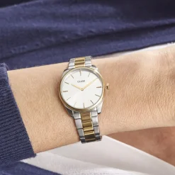 Hot CLUSE Montre Feroce Petite Argenté cadran argenté fond argenté bracelet acier bicolore