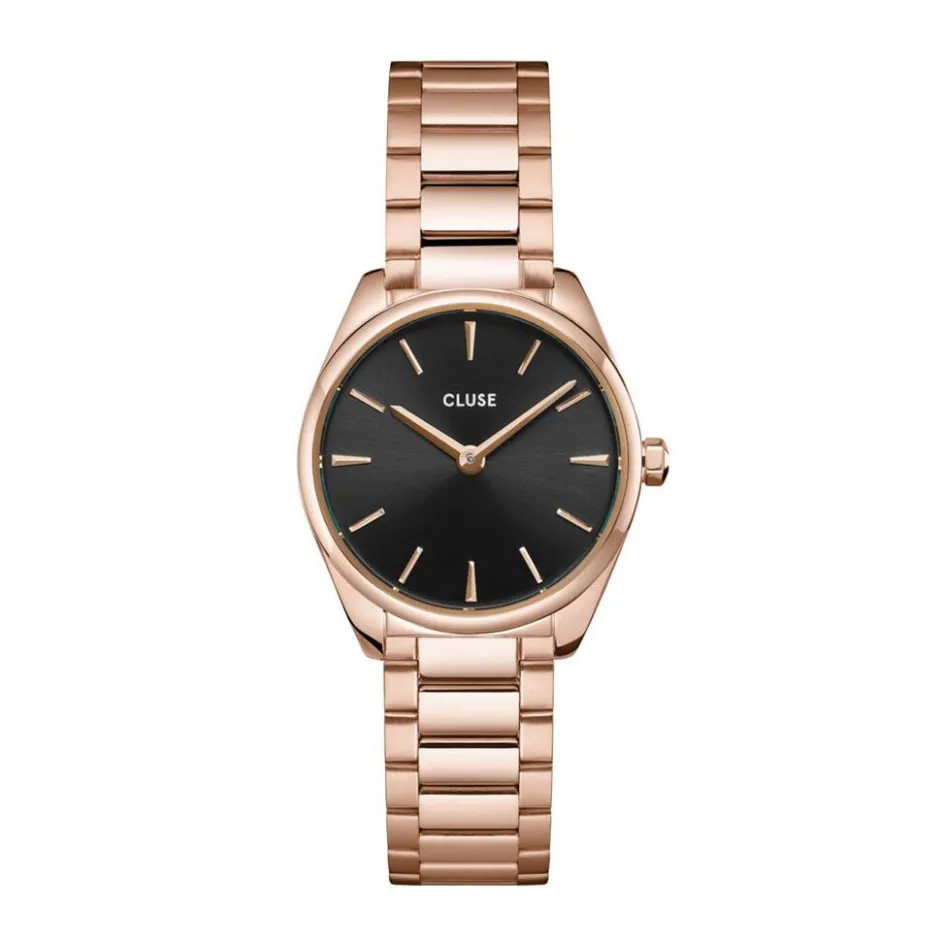 CLUSE Montre Féroce Mini Noir cadran rose fond noir bracelet acier rose