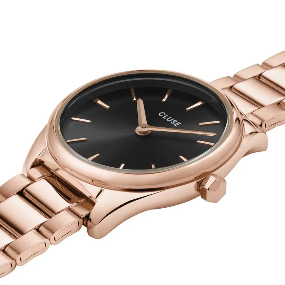 CLUSE Montre Féroce Mini Noir cadran rose fond noir bracelet acier rose