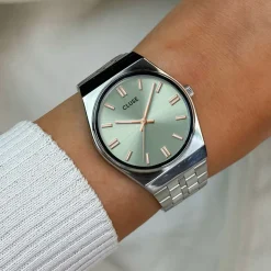 Discount CLUSE Montre Retro 70's Vert cadran argenté fond vert bracelet acier argenté