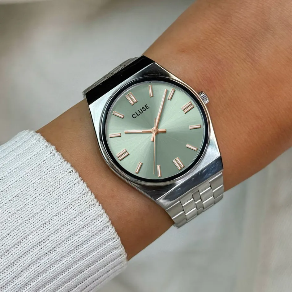 Discount CLUSE Montre Retro 70's Vert cadran argenté fond vert bracelet acier argenté