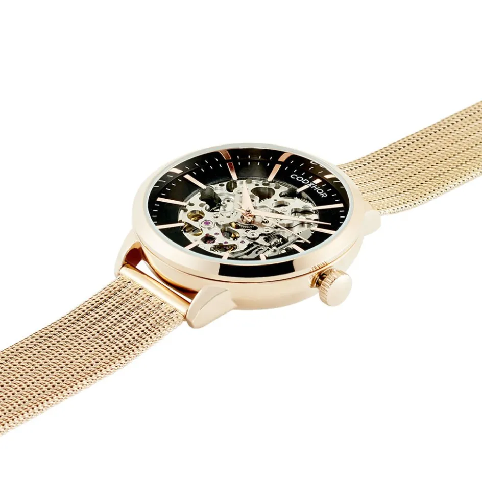 Outlet CODHOR Montre Louise Noir cadran doré rose fond noir bracelet acier doré