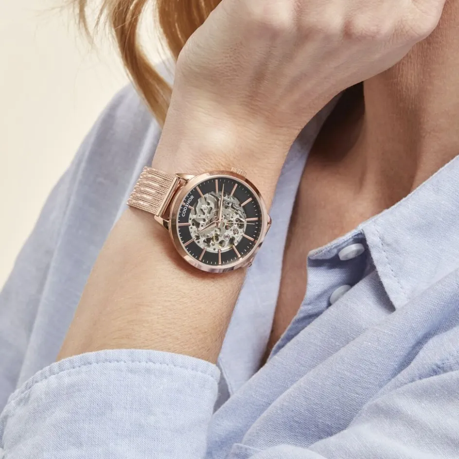 Outlet CODHOR Montre Louise Noir cadran doré rose fond noir bracelet acier doré