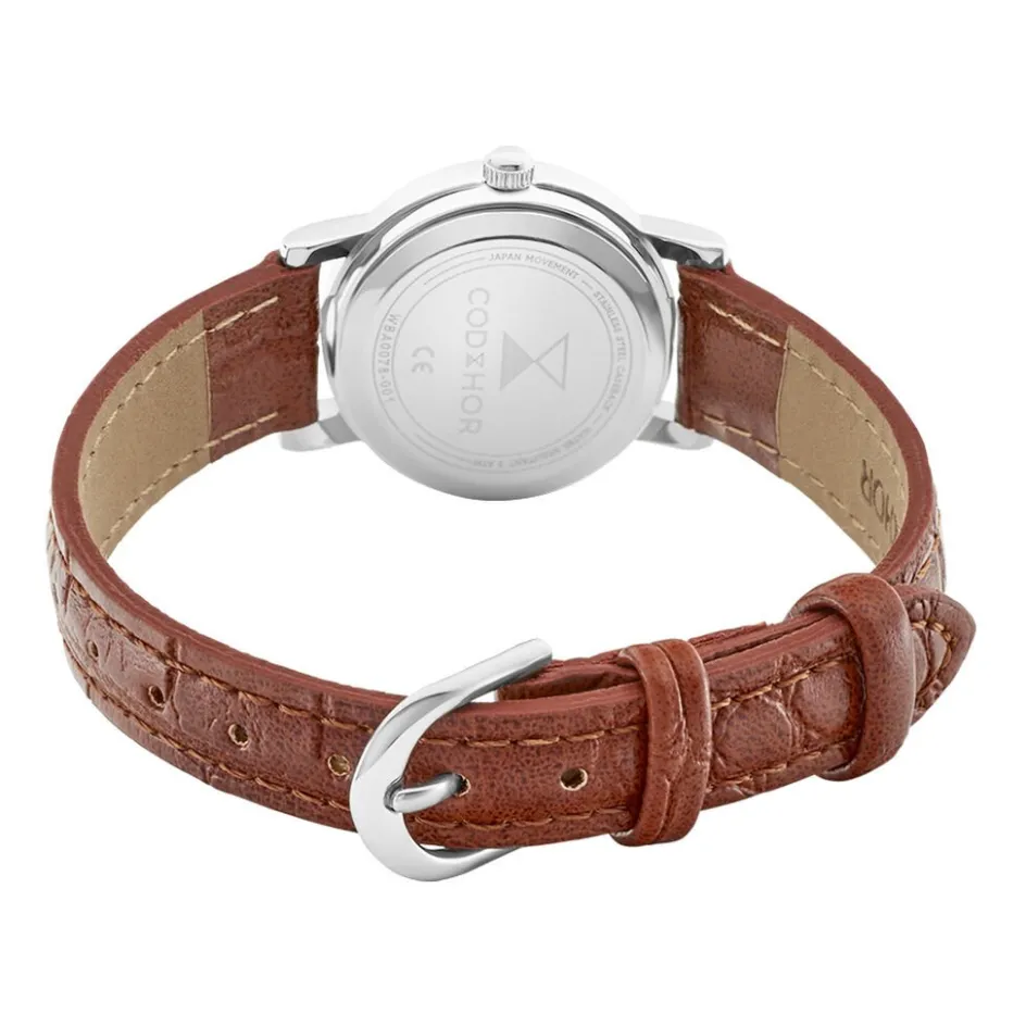Outlet CODHOR Montre Veronique Blanc cadran argenté fond blanc bracelet synthétique marron