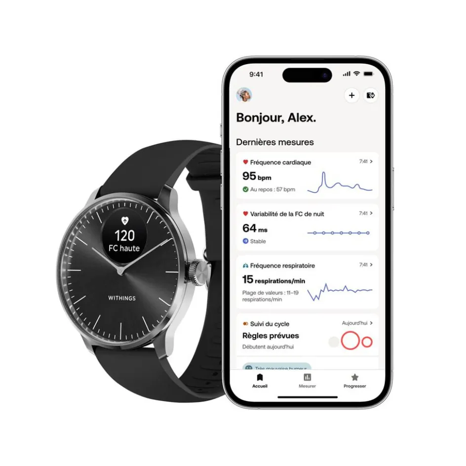 New WITHINGS Montre Connectée Scanwatch Light cadran argenté bracelet silicone noir