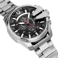 Clearance DIESEL Montre Mega Chief Noir cadran argenté fond noir bracelet acier argenté