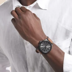 New DIESEL Montre Nsbb Gris cadran noir fond gris bracelet cuir marron