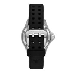 Best EMPORIO ARMANI Montre Noir cadran argenté fond noir bracelet silicone noir