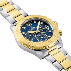 Clearance FESTINA Montre Boyfriend Bleu cadran argenté fond bleu bracelet acier bicolore