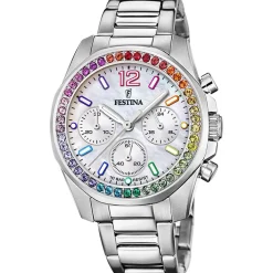 New FESTINA Montre Boyfriend Blanc cadran argenté fond blanc bracelet acier argenté