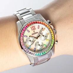 New FESTINA Montre Boyfriend Blanc cadran argenté fond blanc bracelet acier argenté