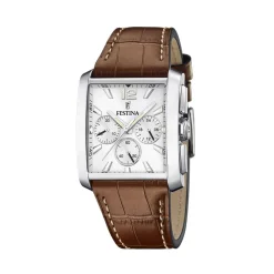 Sale FESTINA Montre On The Square Chrono Argenté cadran argenté fond argenté bracelet cuir marron