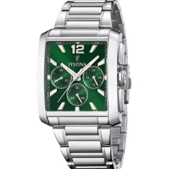 Clearance FESTINA Montre On The Square Chrono Vert cadran argenté fond vert bracelet acier argenté