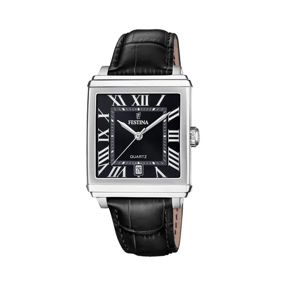 FESTINA Montre On The Square Noir cadran argenté fond noir bracelet cuir de vache noir