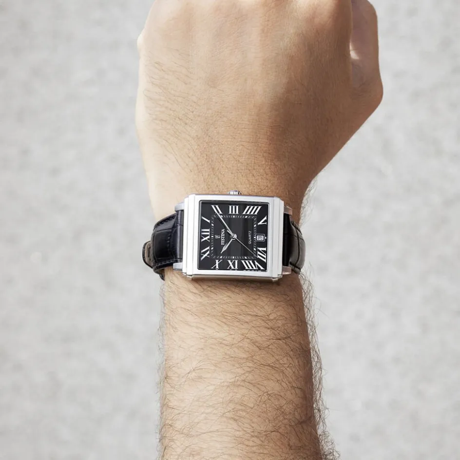 FESTINA Montre On The Square Noir cadran argenté fond noir bracelet cuir de vache noir