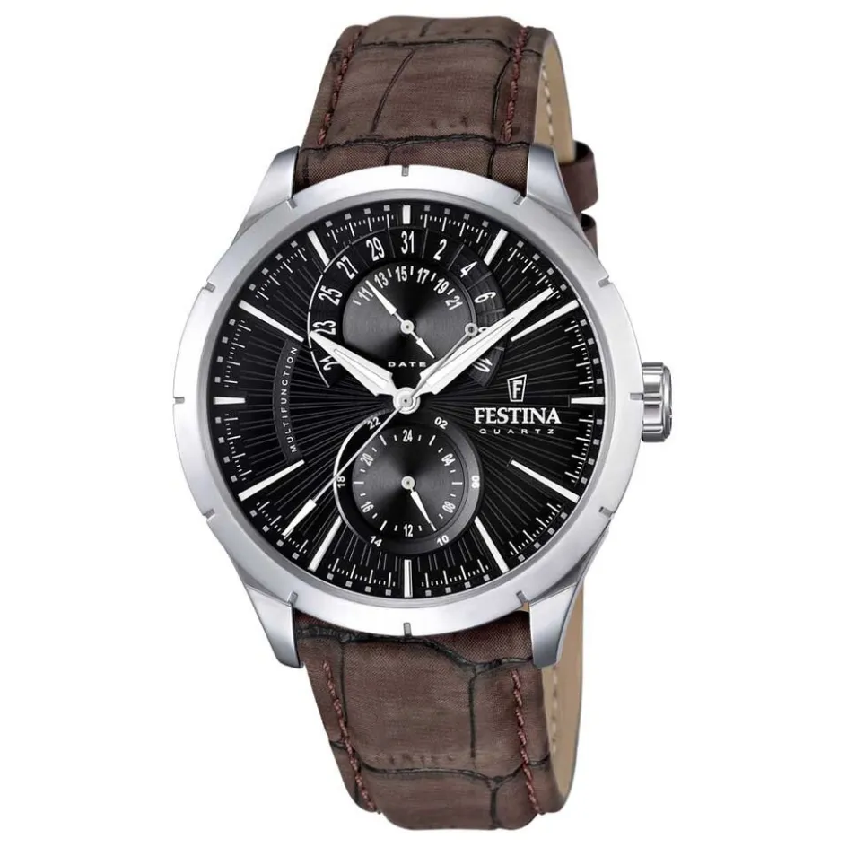 FESTINA Montre Retro Noir cadran argenté fond noir bracelet cuir marron