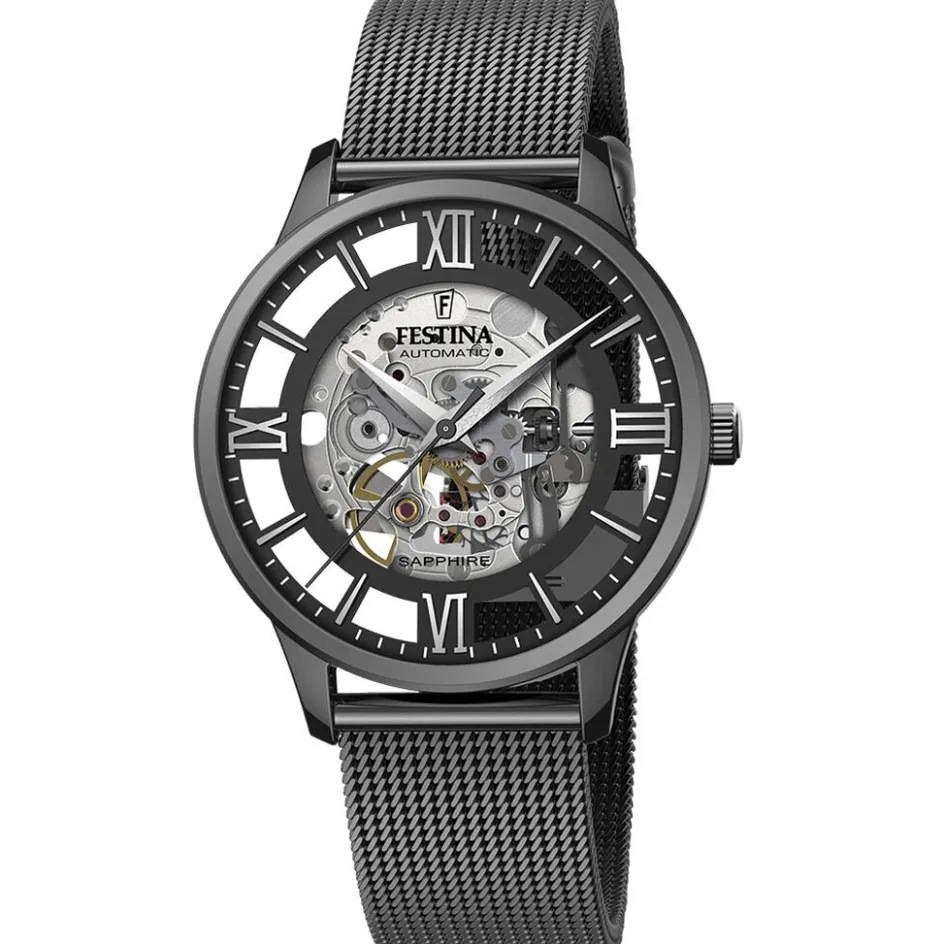 Sale FESTINA Montre Squelette Blanc cadran noir fond noir bracelet acier noir
