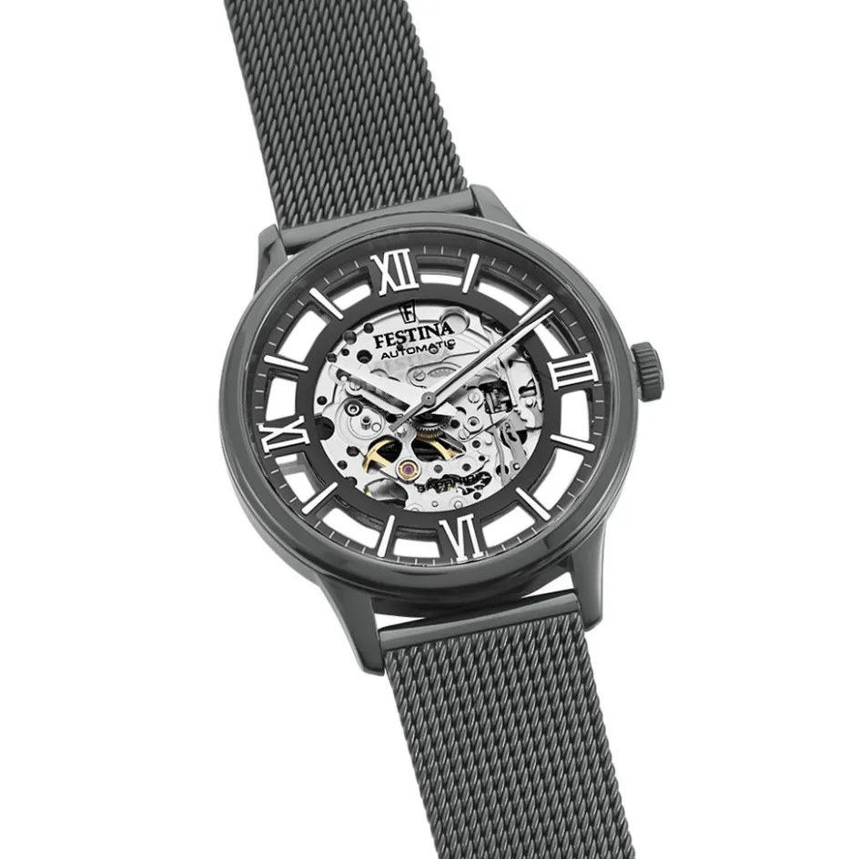 Sale FESTINA Montre Squelette Blanc cadran noir fond noir bracelet acier noir