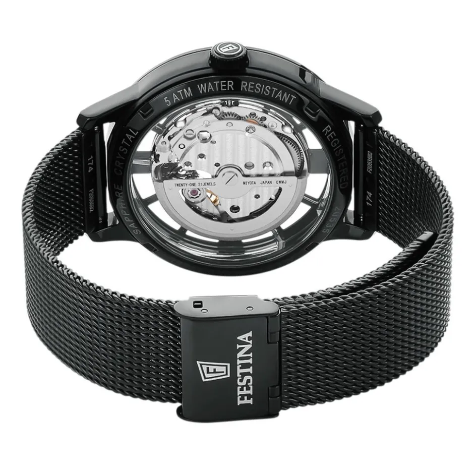 Sale FESTINA Montre Squelette Blanc cadran noir fond noir bracelet acier noir