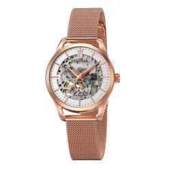 Best FESTINA Montre Squelette Blanc cadran doré rose fond blanc bracelet acier doré rose