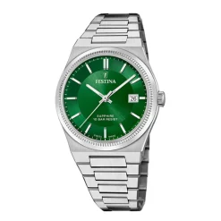 New FESTINA SWISS MADE Montre 40 Vert cadran argenté fond vert bracelet acier argenté