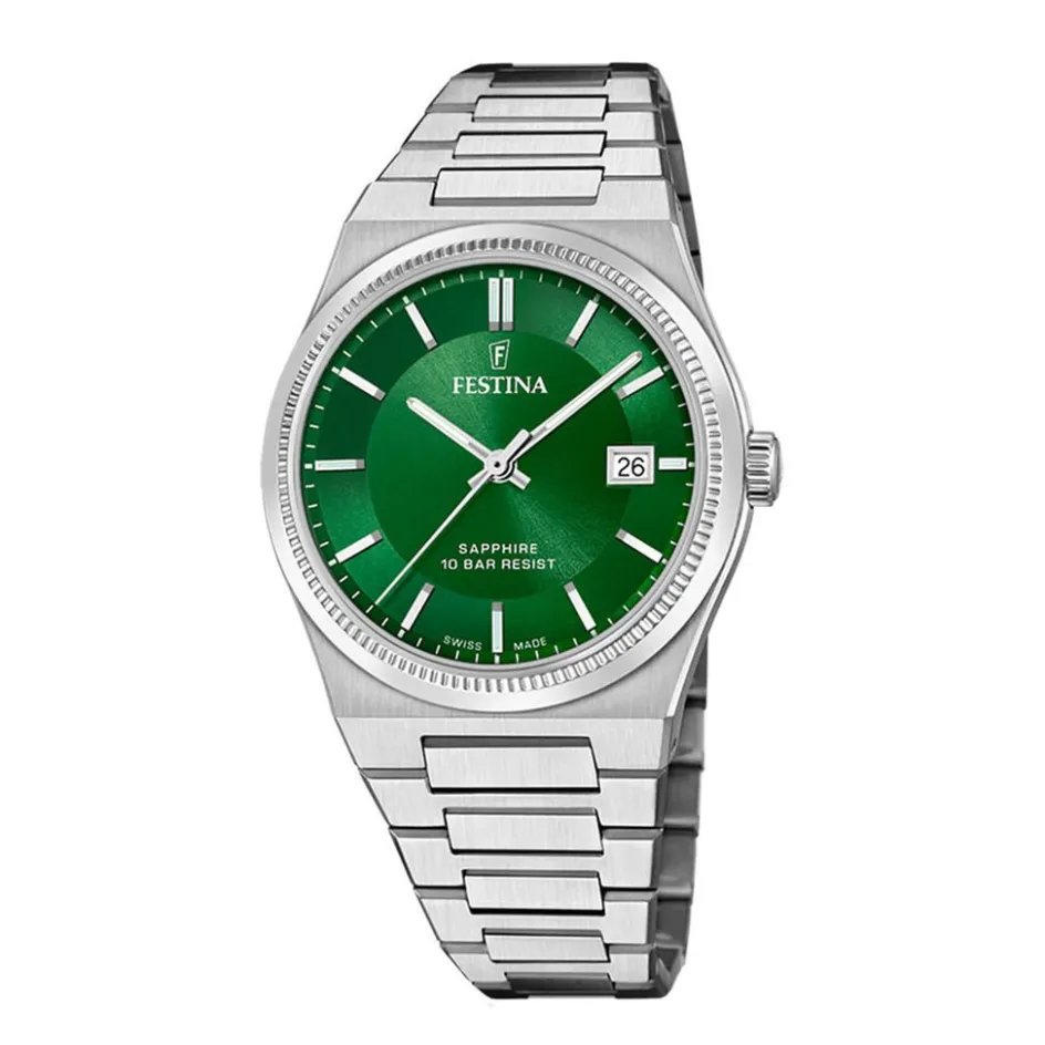 New FESTINA SWISS MADE Montre 40 Vert cadran argenté fond vert bracelet acier argenté