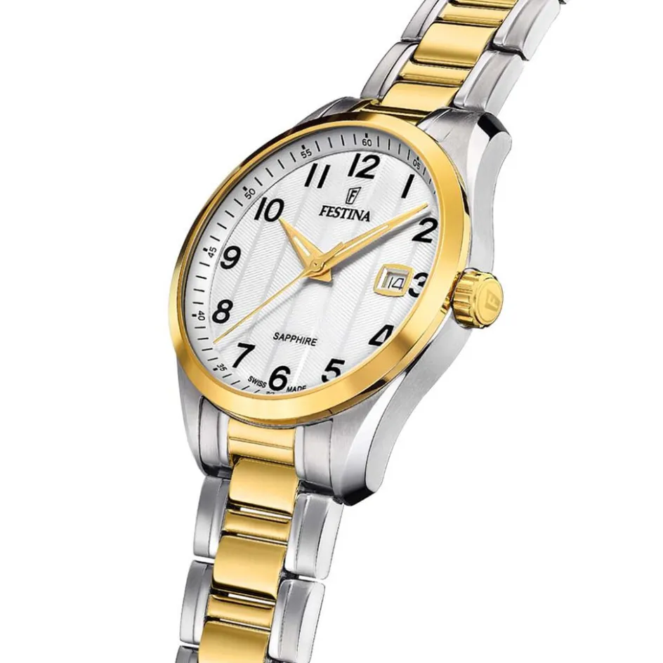 Hot FESTINA SWISS MADE Montre 37,5 Argenté cadran bicolore doré / blanc fond argenté bracelet acier bicolore