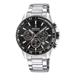 Discount FESTINA Montre Timeless Chronograph Noir cadran argenté fond noir bracelet acier argenté
