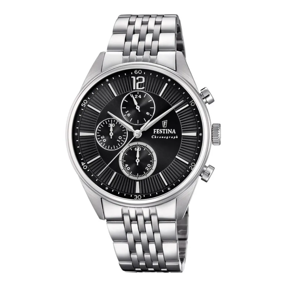Outlet FESTINA Montre Timeless Chronograph Noir cadran argenté fond noir bracelet acier argenté